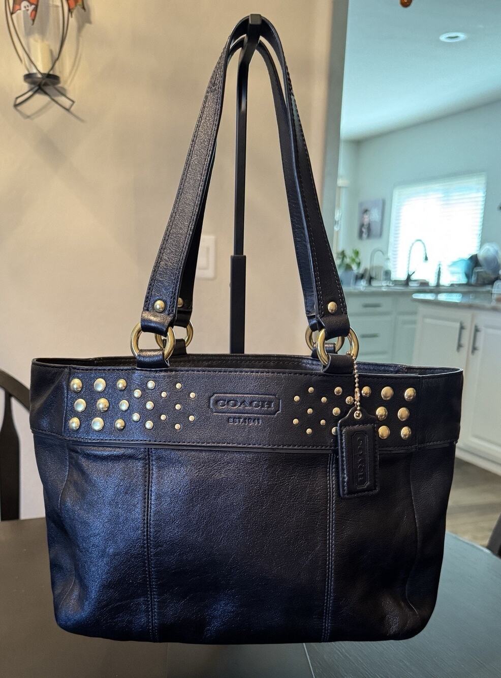 Coach Black Leather Studded East West Tote Bag